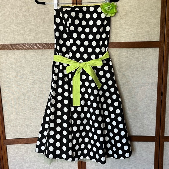 Ruby Rox Vintage Y2K Strapless Polka Dot Lime Accent Ribbon Flower Crinoline - Picture 1 of 8